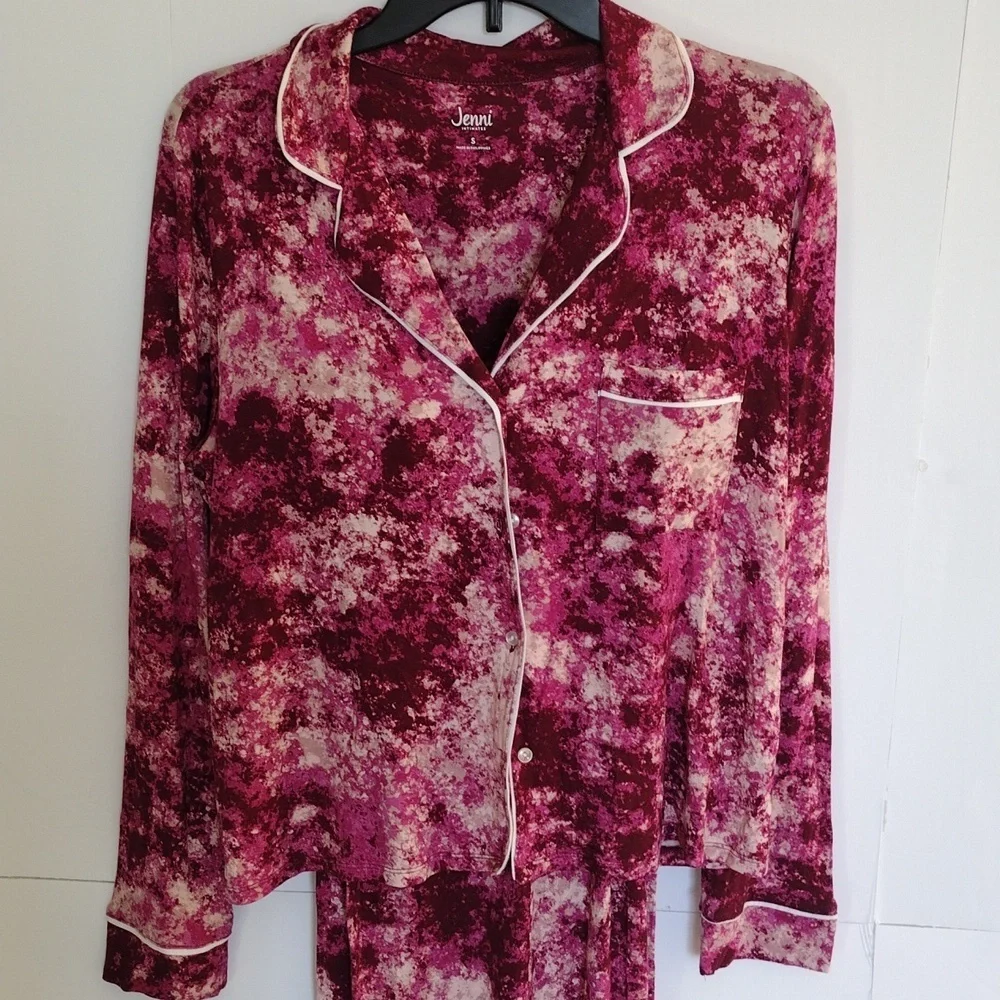 Jenni Pajama Set‎ Women's S Pink Tie Dye Long Sleeve Notch Collar Soft Lounge